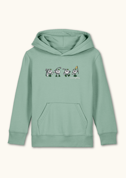 4 Ball logo kids golf hoodie in aloe green organic cotton for junior golfers